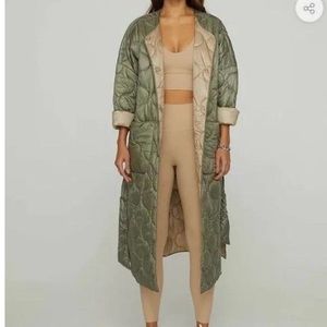 Carbon 38 long, belted, lightweight, sage green coat